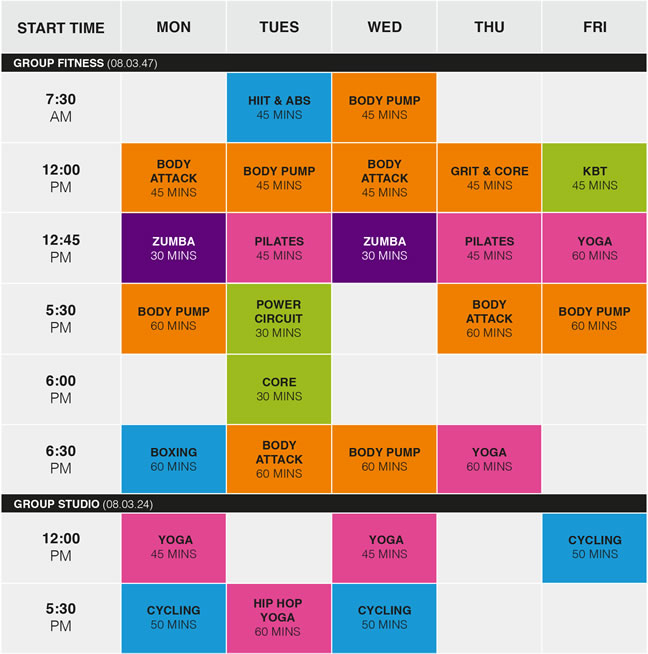 Group fitness timetable